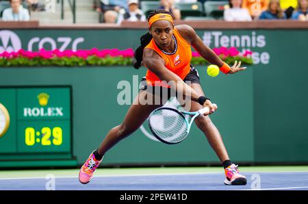 Coco Gauff von den Vereinigten Staaten in Aktion gegen Rebecca Peterson von Schweden während der vierten Runde des 2023. BNP Paribas Open, WTA 1000 Tennis Turnier am 14. März 2023 in Indian Wells, USA - Foto: Rob Prange/DPPI/LiveMedia Stockfoto