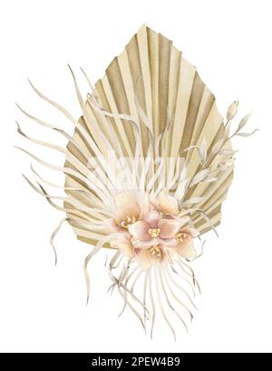 Getrocknete Blumen im Boho-Stil. Handgezeichnete Aquarelle auf isoliertem Hintergrund für Grußkarten oder Hochzeitseinladungen. Böhmischer cremiger Bouquet mit trockenen Palmenblättern in blassrosa Orchideen. Stockfoto