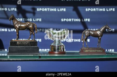 Rennen 2 die Trophäe „Sporting Life Arkle“ das Besteck der Trophäe „Arkle“ und Preise für die Gewinner des Connections Pferderennens auf der Cheltenham Racecourse On Stockfoto