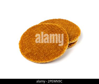 Holländische Waffeln, Stroopwafel-Kekse, Karamell-Waffeln, dünner Toffee-Keks, holländische Waffeln auf weißem Hintergrund Stockfoto