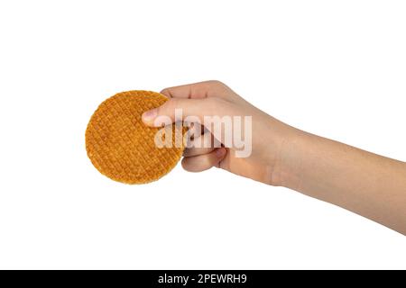 Holländische Waffeln, gebrochene Stroopwafel-Kekse, Karamellwaffel, dünner Toffee-Keks, holländische Waffeln auf weißem Hintergrund Stockfoto