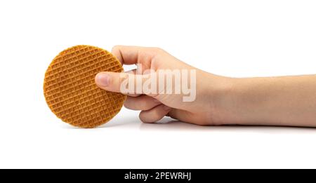 Holländische Waffeln, gebrochene Stroopwafel-Kekse, Karamellwaffel, dünner Toffee-Keks, holländische Waffeln auf weißem Hintergrund Stockfoto