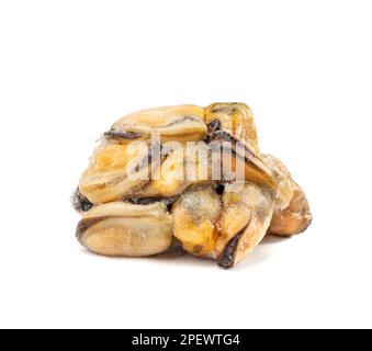 Gefrorener Muschelhaufen Isoliert, Muscheln Ohne Schale, Gefrorene Muscheln, Kalte Muscheln, Gefrorene Meeresfrüchte, Gekochte Schalentiere auf weißem Hintergrund Stockfoto