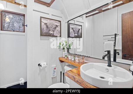 Badezimmer mit weißer Innenausstattung aus Holz und einer Ablagefläche neben einem großen Wandspiegel Stockfoto