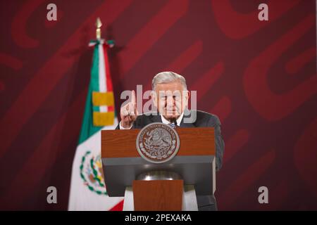 Mexiko-Stadt, Mexiko. 14. März 2023. 14. März 2023, Mexiko-Stadt, Mexiko: Der mexikanische Präsident Andres Manuel Lopez Obrador spricht während seiner täglichen Briefing-Konferenz im Nationalpalast. Am 14. März 2023 in Mexiko-Stadt, Mexiko. (Foto: Julian Lopez/Eyepix Group/Sipa USA) Guthaben: SIPA USA/Alamy Live News Stockfoto