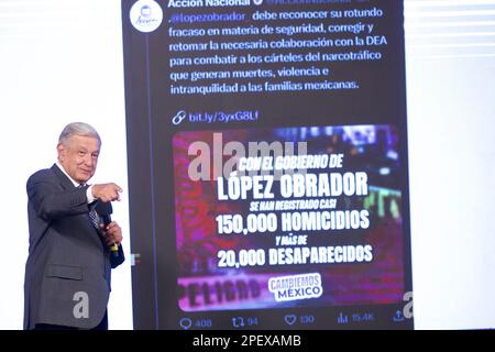 Mexiko-Stadt, Mexiko. 14. März 2023. 14. März 2023, Mexiko-Stadt, Mexiko: Der mexikanische Präsident Andres Manuel Lopez Obrador spricht während seiner täglichen Briefing-Konferenz im Nationalpalast. Am 14. März 2023 in Mexiko-Stadt, Mexiko. (Foto: Julian Lopez/Eyepix Group/Sipa USA) Guthaben: SIPA USA/Alamy Live News Stockfoto