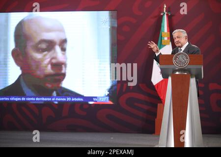 Mexiko-Stadt, Mexiko. 14. März 2023. 14. März 2023, Mexiko-Stadt, Mexiko: Der mexikanische Präsident Andres Manuel Lopez Obrador spricht während seiner täglichen Briefing-Konferenz im Nationalpalast. Am 14. März 2023 in Mexiko-Stadt, Mexiko. (Foto: Julian Lopez/Eyepix Group/Sipa USA) Guthaben: SIPA USA/Alamy Live News Stockfoto