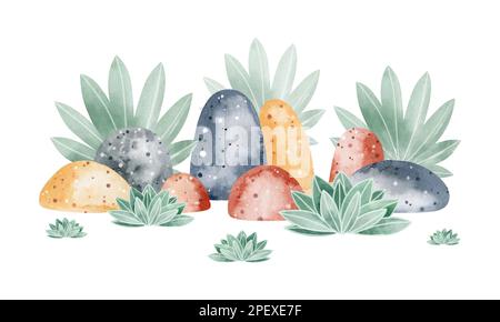 Aquarell handgezeichnete abstrakte Steine Set von Illustrationen von Steinen isoliert auf weißem Hintergrund. Abstrakte geometrische Formen. Sammlung von Cartoon st Stockfoto