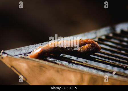 Gegrilltes Hähnchen auf einem heißen Ofen Beliebte Campinggerichte Stockfoto