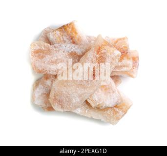 Gefrorener Fisch isoliert, Weißdorschfilet, gefrorenes Seehechtfilet, gefrorenes Pollackfleisch auf weißem Hintergrund, Draufsicht Stockfoto