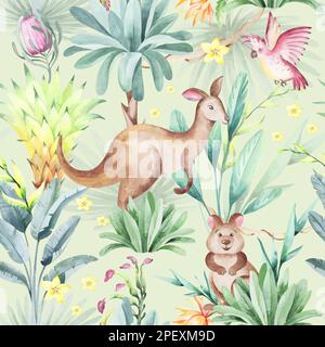 Australische Tiere mit tropischen Blüten und Blättern. Wasserfarbener nahtloser Hintergrund. Verpackungsdesign, Poster, Stoff Stockfoto