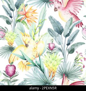 Australische Tiere mit tropischen Blüten und Blättern. Wasserfarbener nahtloser Hintergrund. Verpackungsdesign, Poster, Stoff Stockfoto