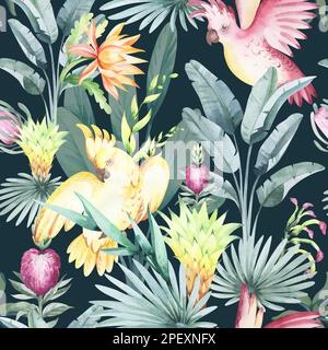 Australische Tiere mit tropischen Blüten und Blättern. Wasserfarbener nahtloser Hintergrund. Verpackungsdesign, Poster, Stoff Stockfoto