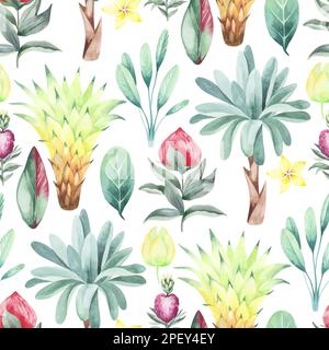 Australische Tiere mit tropischen Blüten und Blättern. Wasserfarbener nahtloser Hintergrund. Verpackungsdesign, Poster, Stoff Stockfoto