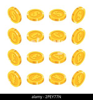 Ein Satz isometrischer Goldmünzen mit den wichtigsten Währungen der Welt, die in verschiedenen Winkeln in flacher Form angezeigt werden Stock Vektor