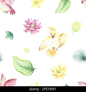 Australische Tiere mit tropischen Blüten und Blättern. Wasserfarbener nahtloser Hintergrund. Verpackungsdesign, Poster, Stoff Stockfoto