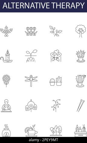 Alternative Therapieleitvektorsymbole und -Zeichen. Therapie, Akupunktur, Naturopathie, Hypnotherapie, Aromatherapie, Yoga, Meditation, Reiki-Konturvektor Stock Vektor
