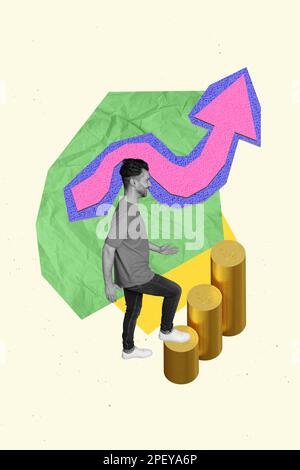 Foto-Comics Skizzen-Collage Bild eines selbstbewussten, zielstrebigen Mannes, der Geld verdient, isolierter Zeichnungshintergrund Stockfoto