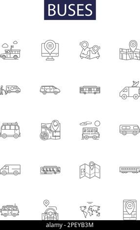 Linienvektorsymbole und -Zeichen für Busse. Reisebusse, Shuttles, Lieferwagen, Transporte, Routen, Räder, Fuhrpark, Trips, Konturvektor-Zeichnungssatz Stock Vektor