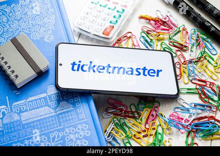 Danzig, Polen. 7. März 2023. In dieser Abbildung wird ein Ticketmaster-Logo auf einem Smartphone angezeigt. (Kreditbild: © Mateusz Slodkowski/SOPA Images via ZUMA Press Wire) NUR REDAKTIONELLE VERWENDUNG! Nicht für den kommerziellen GEBRAUCH! Stockfoto