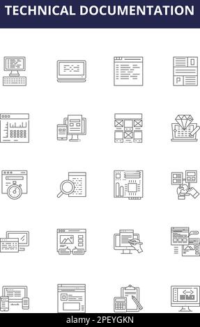 Vektorsymbole und -Zeichen für technische Dokumentation. Handbuch, Hilfe, Support, Tutorial, Wissensdatenbank, Handbücher, Anweisungen, Spezifikationen, Konturvektor Stock Vektor