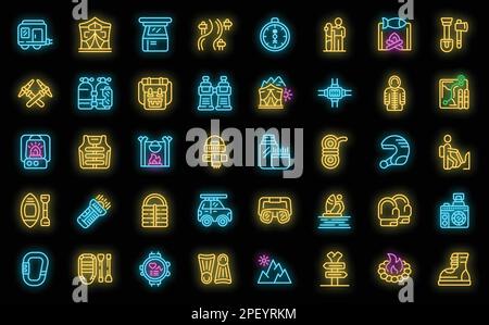 Symbole für extremen Tourismus setzen einen Konturvektor. Bergsteigen. Winter Camping Neonfarben auf Schwarz isoliert Stock Vektor