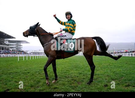 Jockey Mark Walsh feiert auf Sire Du Berlais, nachdem er am dritten Tag des Cheltenham Festivals auf der Cheltenham Racecourse die Paddy Power Stainers' Hürde gewonnen hat. Foto: Donnerstag, 16. März 2023. Stockfoto