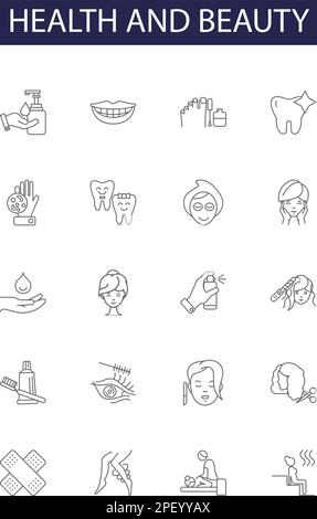 Vektorsymbole und -Zeichen für Gesundheit und Schönheit. Kosmetik, Hygiene, Fitness, Ernährung, Hautpflege, Spa, Training, Aromatherapie-Konturvektor Stock Vektor