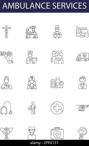 Rettungsdienste Linienvektorsymbole und -Schilder. Dienstleistungen, Notfall, Medizinisch, Hilfe, Transport, Umrissvektor Pflege, Reaktion, Rettung Stock Vektor
