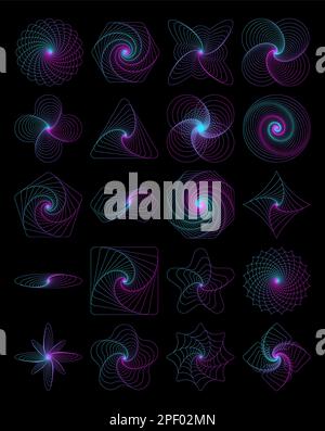 Gruppe abstrakter fraktaler Objekte auf schwarzem Hintergrund. Stock Vektor