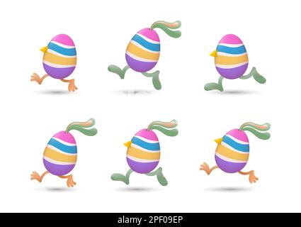 Ostereier laufen mit einer Kombination aus Schnäbeln und Beinen von Küken, Ohren und Beinen von Hasen, die mit Streifen bemalt sind Stock Vektor