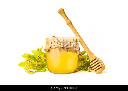Isolierte Honigbiene in Glasgefäß mit Honigstiel auf weißem Hintergrund, Bienenprodukte. Gesundes Bio-Food-Konzept. Stockfoto