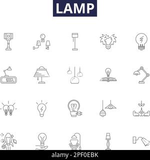 Vektorsymbole und -Zeichen für Lampenlinien. Glühlampe, Tisch, Schreibtisch, Boden, Sonnenschutz, Lampenschirm, Schatten, Deckenkontur, Vektorbildungs-Set Stock Vektor