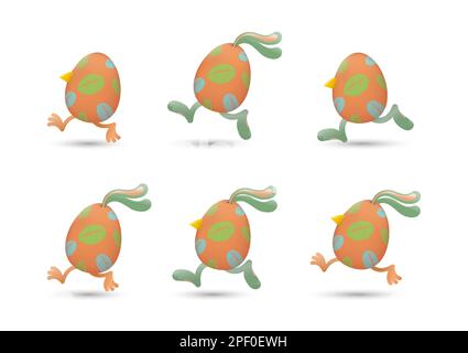 Ostereier laufen mit einer Kombination aus Schnäbeln und Beinen von Küken, Ohren und Beinen von Häschen, die mit Blättern bemalt sind Stock Vektor