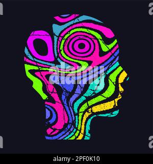 Frauenprofil. Kopfsilhouette mit neonabstraktem psychedelischem Muster. Stock Vektor