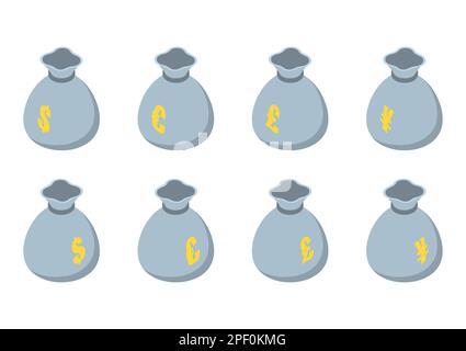 Set isometrischer Münzbeutel mit Zugbändern und großen Währungszeichen in verschiedenen Winkeln in flacher Ausführung Stock Vektor