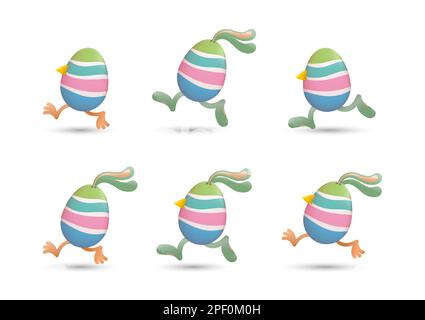 Ostereier laufen mit einer Kombination aus Schnäbeln und Beinen von Küken, Ohren und Beinen von Hasen, die mit Streifen bemalt sind Stock Vektor