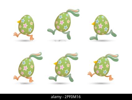 Ostereier laufen mit einer Kombination aus Schnäbeln und Beinen von Küken, Ohren und Beinen von Hasen, die mit Sternen bemalt sind Stock Vektor