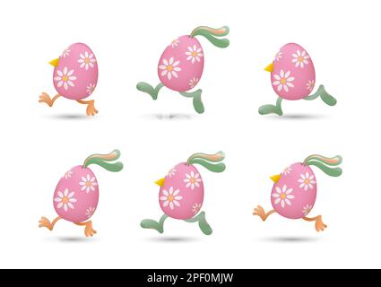 Ostereier laufen mit einer Kombination aus Schnäbeln und Beinen von Küken, Ohren und Beinen von Häschen, die mit Blumen bemalt sind Stock Vektor