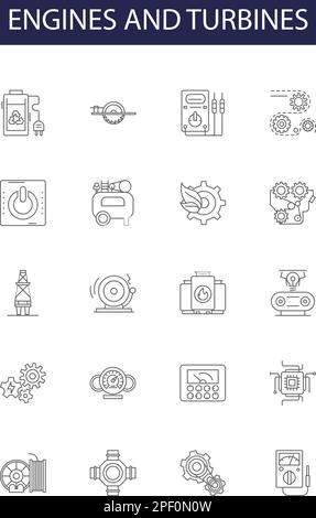 Motoren und Turbinen sind Linienvektorsymbole und -Schilder. Turbine, Technologie, Jet, Flugzeug, Luftfahrt, Darstellungssatz für Ebene, Luft, Maschinenkontur Stock Vektor