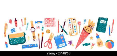 Banner, Kopfzeile mit Schreibwaren für die Schule. Vektordarstellung in flacher Form Stock Vektor
