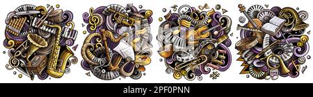 Klassische Musik Cartoon Vektor Doodle Designs gesetzt. Farbenfrohe, detailreiche Kompositionen mit vielen musikalischen Objekten und Symbolen. Isoliert auf weißer Illustration Stock Vektor
