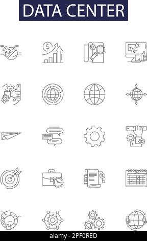 Liniensymbole und -Schilder für Rechenzentren. Center, Server, Computing, Speicher, Backup, Architektur-, Netzwerk- und Anlagenkontur, Vektorbildungs-Set Stock Vektor