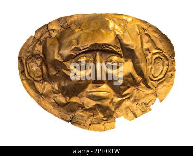 Eine goldene Grabmaske aus dem 16. Jahrhundert v. Chr. aus Grab IV des Grabkreises A im antiken Mykene, Peloponnes, Griechenland. Stockfoto