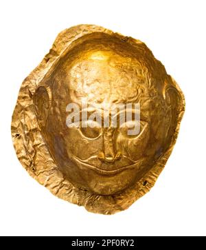 Eine goldene Grabmaske aus dem 16. Jahrhundert v. Chr. aus Grab IV des Grabkreises A im antiken Mykene, Peloponnes, Griechenland. Stockfoto