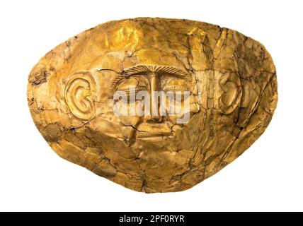 Eine goldene Grabmaske aus dem 16. Jahrhundert v. Chr. aus Grab IV des Grabkreises A im antiken Mykene, Peloponnes, Griechenland. Stockfoto