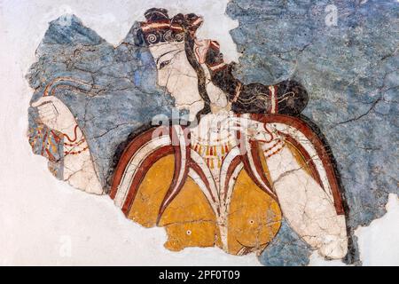 Die mykenische Lady, ein Fragment eines Wandgemäldes aus dem 13. Jahrhundert v. Chr., das eine Göttin darstellt, die ein Geschenk erhält. Von der Zitadelle Mykene, dem antiken Mykene, Stockfoto