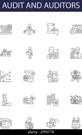 Linienvektorsymbole und -Zeichen für Auditoren und Auditoren. Auditoren, Sicherheit, Prüfung, Prüfer, Analyst, Verifizierung, Compliance, Übersichtsvektor Stock Vektor