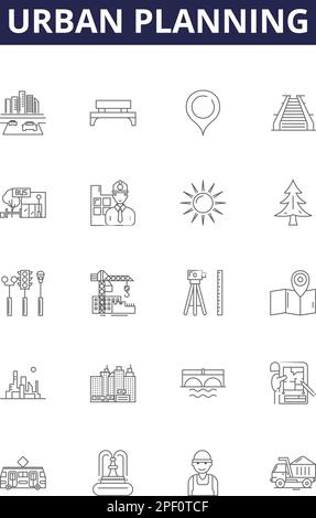 Vektorsymbole und -Schilder für Stadtplanungslinien. Stadt, Design, Projekt, Stadt, Architektur, Plan, Konzept, Stadtumriss, Vektorbildungs-Set Stock Vektor