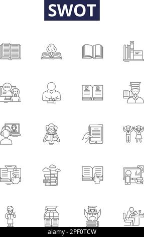 SWOT-Linienvektorsymbole und -Zeichen. swot, Analyse, Schwäche, Strategie, Vektor, Symbol, Firma, Symbolkontur, Vektordarstellung Stock Vektor